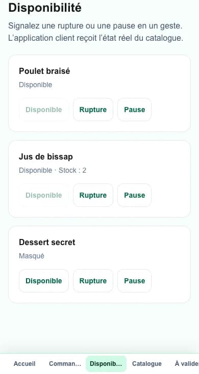 Food Pro partner space on a phone: Availability screen.
